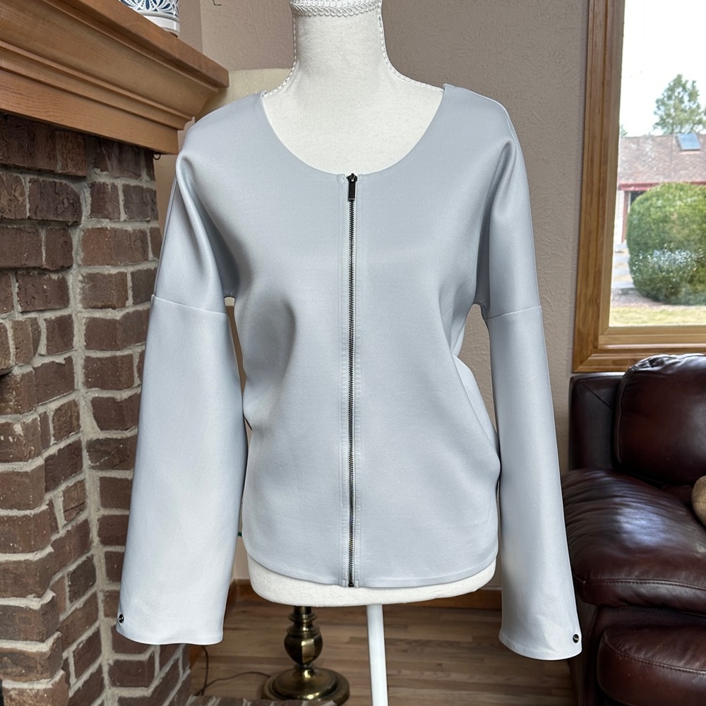 Aday Waste Not Scuba Gray Greige Beige Zip-Front Collarless Jacket